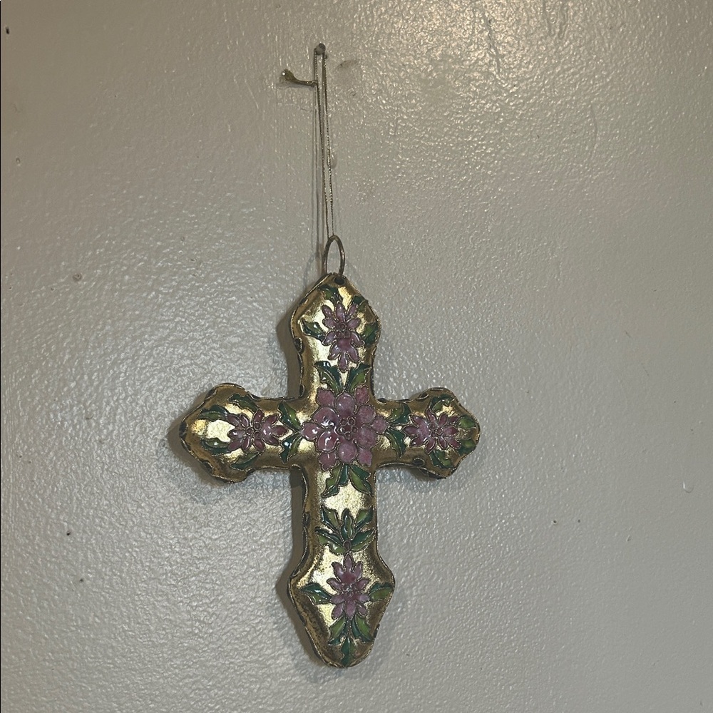Elegant Gold Cross Ornament with Purple Floral Accents vintage